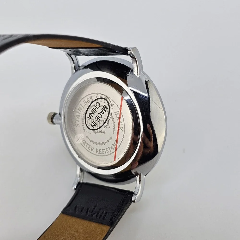 Men's Analog Watch 38MM White Dial Black Faux‎ Leather Bands New Battery